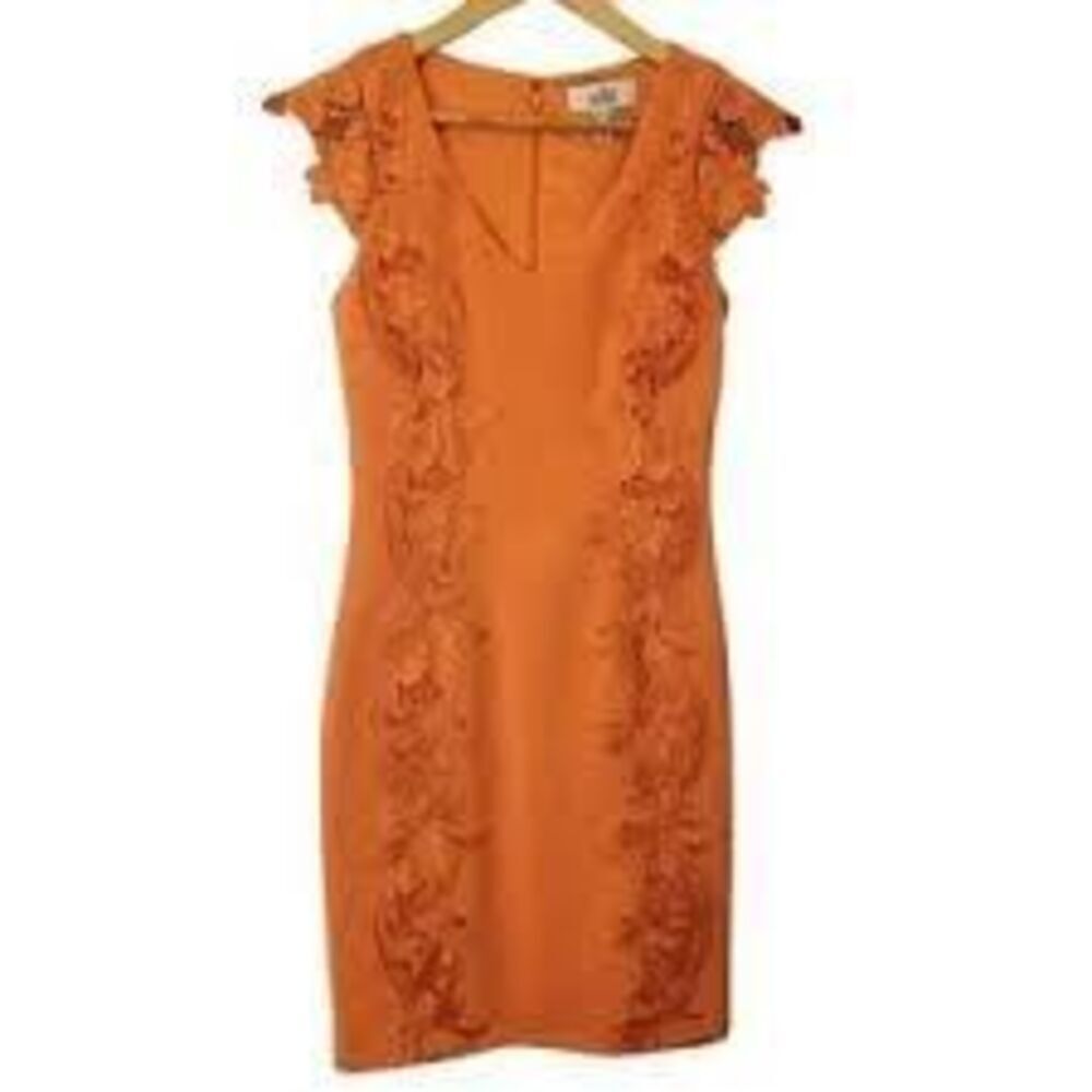 Belle Badgley Mischka 8 Sleeveless Sheath Dress Orange Lace Jacquard Cocktail